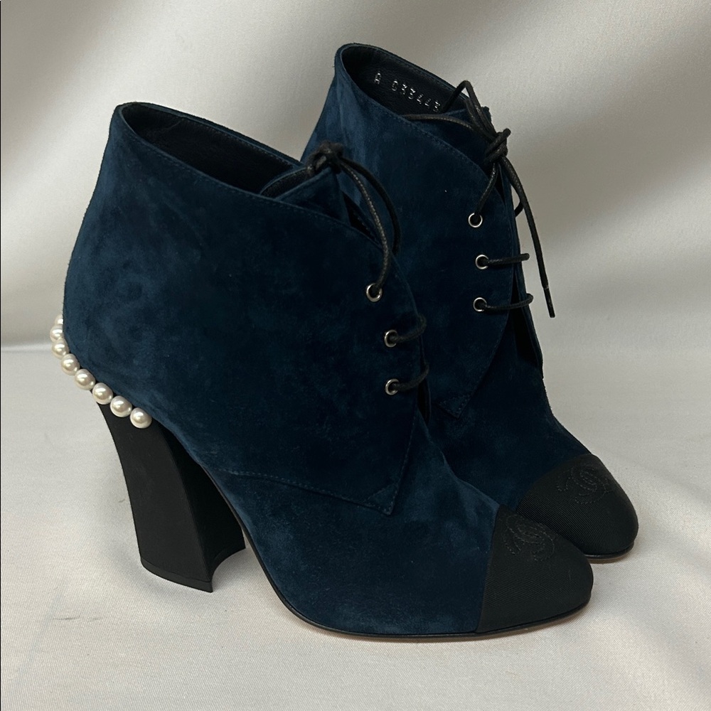 CHANEL Dark Blue Heeled Boots with Pearl Accent